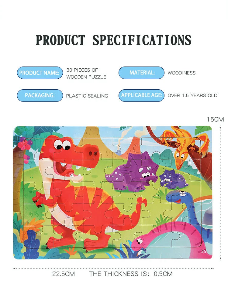 Puzzle en bois 30 pcs – Dinosaures, Sirène ou Camion de pompiers : explore, découvre, grandis ! “Stimule la concentration, la mémoire visuelle et la motricité fine – Jouet éducatif, sain et adorable."