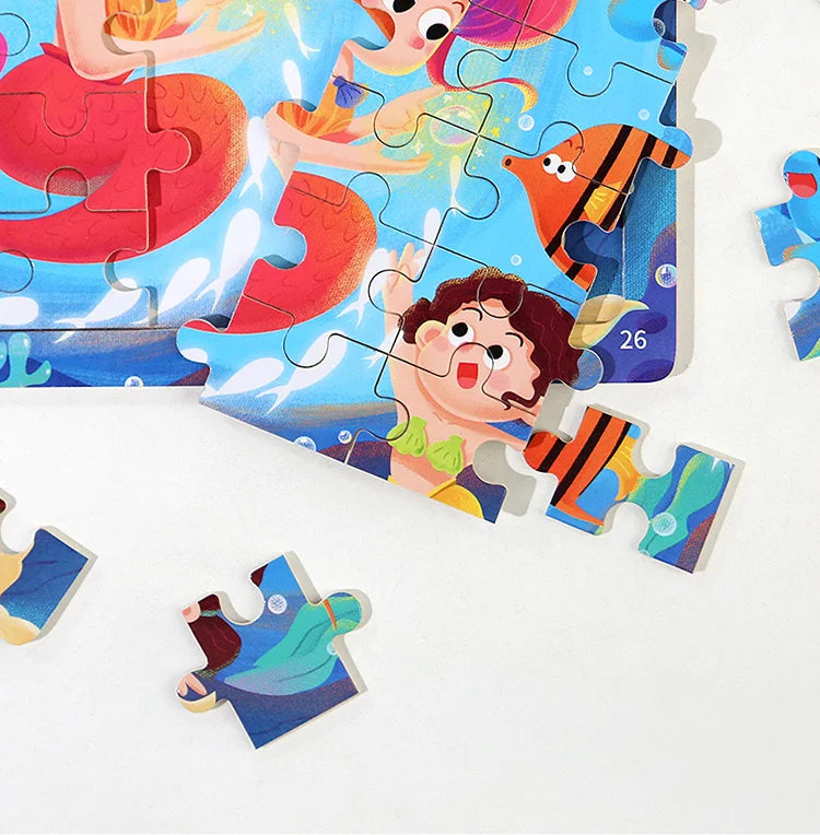 Puzzle en bois 30 pcs – Dinosaures, Sirène ou Camion de pompiers : explore, découvre, grandis ! “Stimule la concentration, la mémoire visuelle et la motricité fine – Jouet éducatif, sain et adorable."