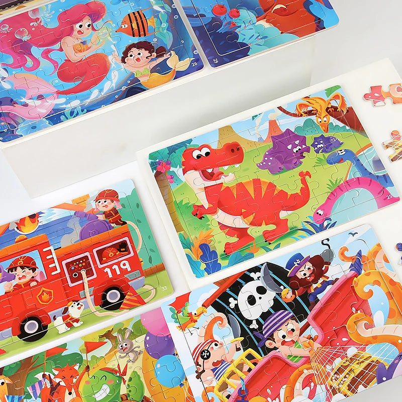 Puzzle en bois 30 pcs – Dinosaures, Sirène ou Camion de pompiers : explore, découvre, grandis ! “Stimule la concentration, la mémoire visuelle et la motricité fine – Jouet éducatif, sain et adorable."