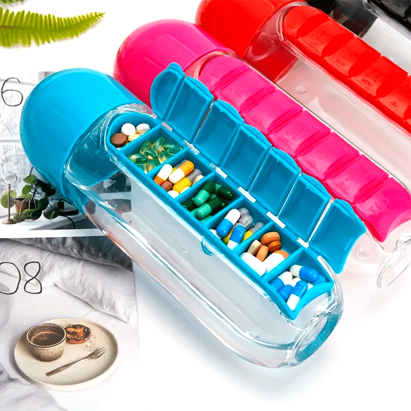 Gourde Pilulier 2-en-1 💧 – Hydratez-vous & Ne manquez plus vos prises ! (5 couleurs – Livraison Offerte 🇫🇷)