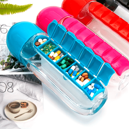 Gourde Pilulier 2-en-1 💧 – Hydratez-vous & Ne manquez plus vos prises ! (5 couleurs – Livraison Offerte 🇫🇷)