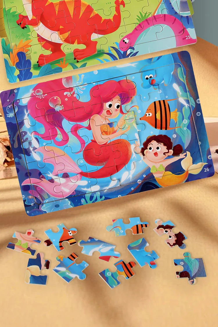 Puzzle en bois 30 pcs – Dinosaures, Sirène ou Camion de pompiers : explore, découvre, grandis ! “Stimule la concentration, la mémoire visuelle et la motricité fine – Jouet éducatif, sain et adorable."