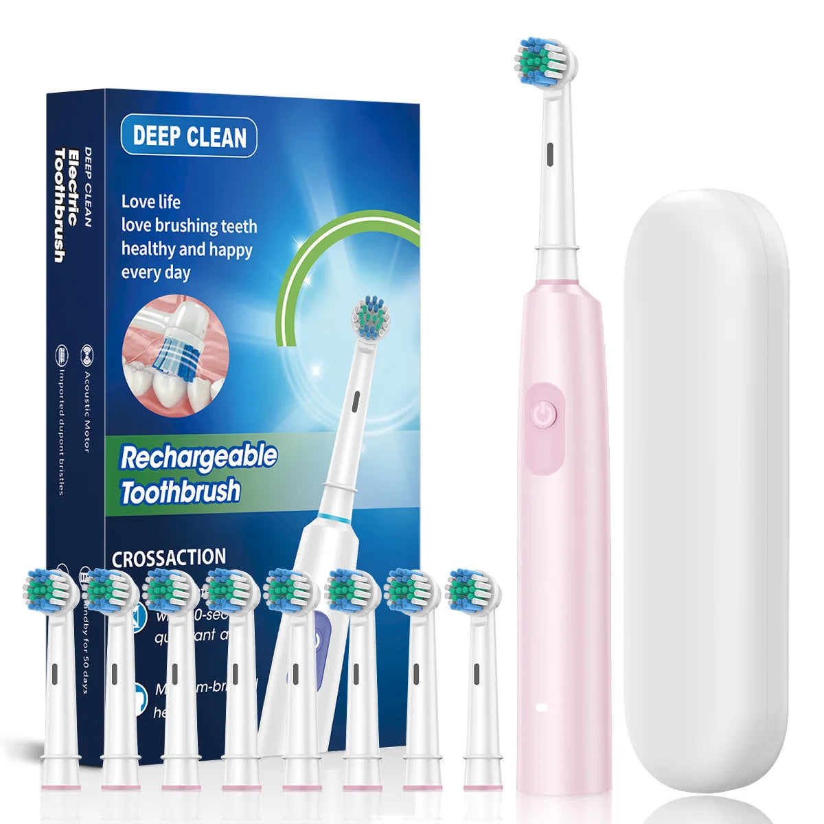🦷 Brosse à Dents Électrique Rotative Rechargeable – Jusqu’à 30 Jours d’Autonomie – 5 Modes & 8 Têtes Incluses