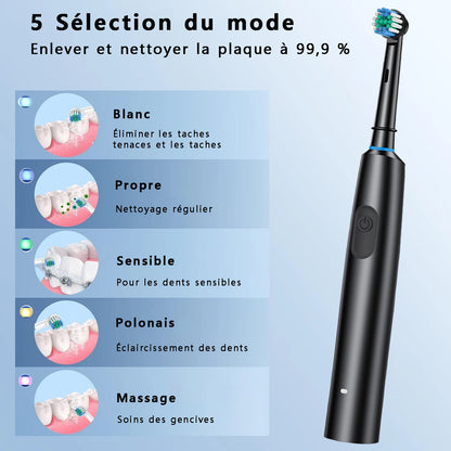 🦷 Brosse à Dents Électrique Rotative Rechargeable – Jusqu’à 30 Jours d’Autonomie – 5 Modes & 8 Têtes Incluses