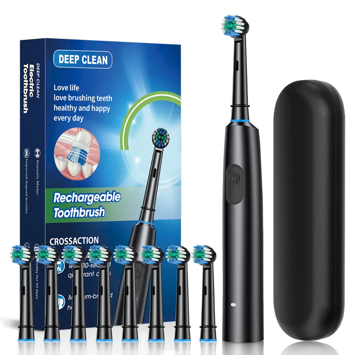 🦷 Brosse à Dents Électrique Rotative Rechargeable – Jusqu’à 30 Jours d’Autonomie – 5 Modes & 8 Têtes Incluses