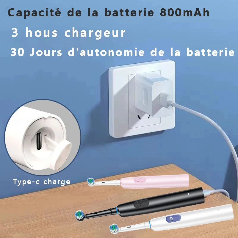 🦷 Brosse à Dents Électrique Rotative Rechargeable – Jusqu’à 30 Jours d’Autonomie – 5 Modes & 8 Têtes Incluses