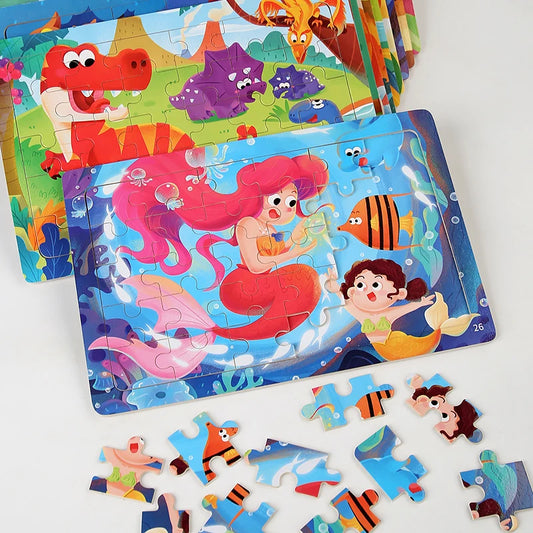 Puzzle en bois 30 pcs – Dinosaures, Sirène ou Camion de pompiers : explore, découvre, grandis ! “Stimule la concentration, la mémoire visuelle et la motricité fine – Jouet éducatif, sain et adorable."