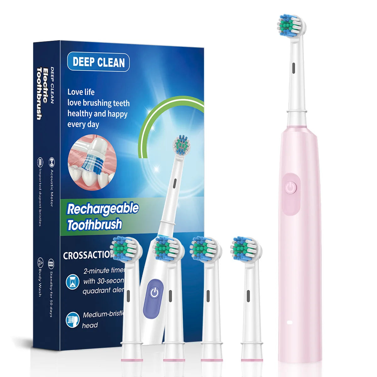 🦷 Brosse à Dents Électrique Rotative Rechargeable – Jusqu’à 30 Jours d’Autonomie – 5 Modes & 8 Têtes Incluses