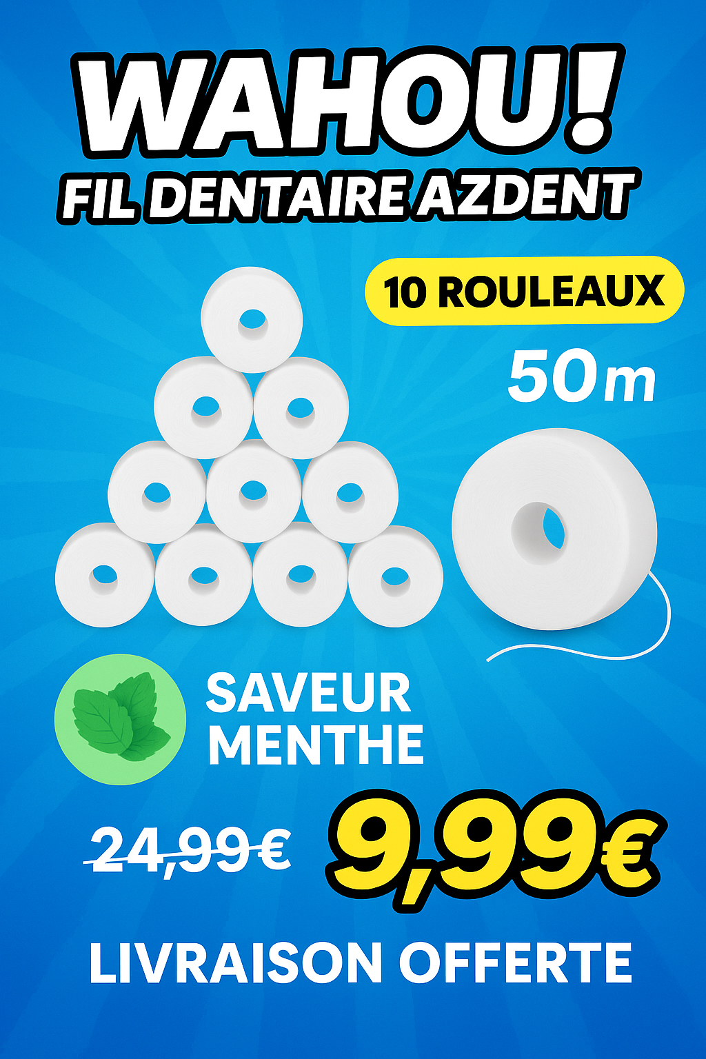 🦷 Fil Dentaire AZDENT – 10 Rouleaux de 50 m à la Menthe