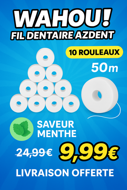 🦷 Fil Dentaire AZDENT – 10 Rouleaux de 50 m à la Menthe