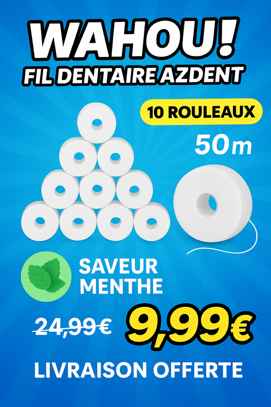 🦷 Fil Dentaire AZDENT – 10 Rouleaux de 50 m à la Menthe