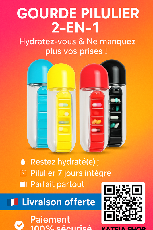 Gourde Pilulier 2-en-1 💧 – Hydratez-vous & Ne manquez plus vos prises ! (5 couleurs – Livraison Offerte 🇫🇷)