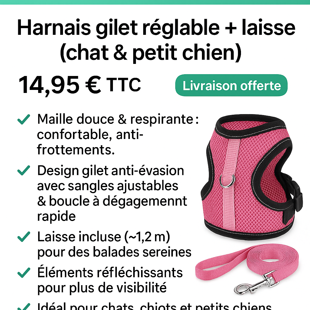 Harnais gilet réglable + laisse (chat & petit chien)