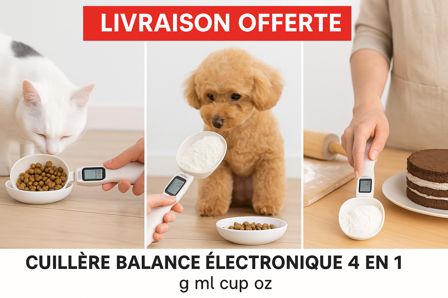 Cuillère balance électronique 4 en 1 – Mesure g, ml, cup, oz – Idéal cuisine & croquettes animaux