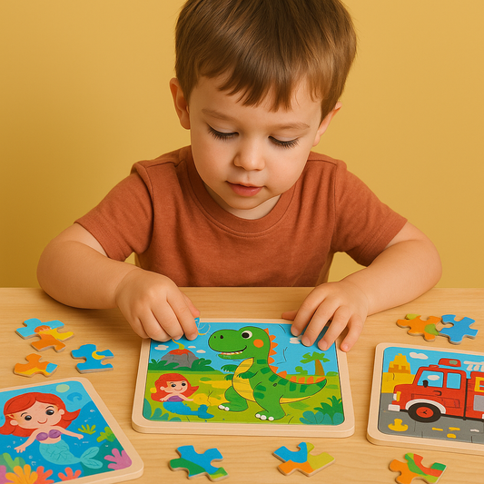 Puzzle en bois 30 pcs – Dinosaures, Sirène ou Camion de pompiers : explore, découvre, grandis ! “Stimule la concentration, la mémoire visuelle et la motricité fine – Jouet éducatif, sain et adorable."